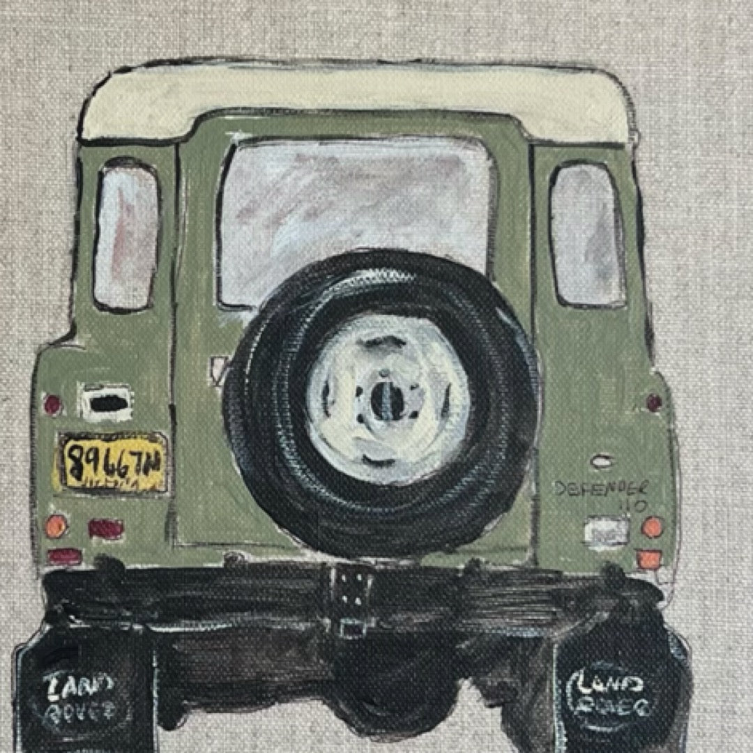 “Defender 110 in green” 30x30 Framed in Tasmanian oak