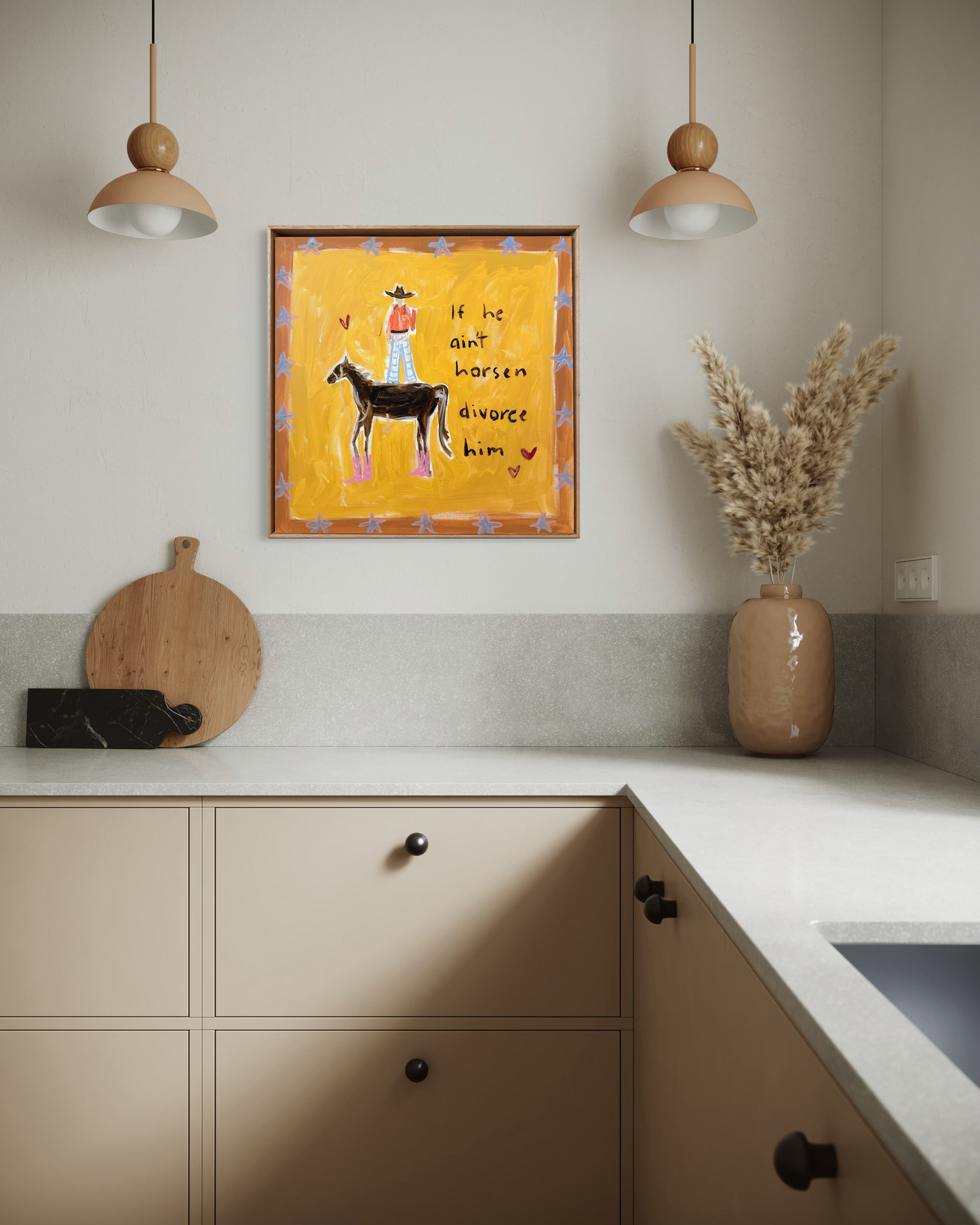 “If he ain’t horsen divorce him” 60x60cm Framed in Tasmanian oak