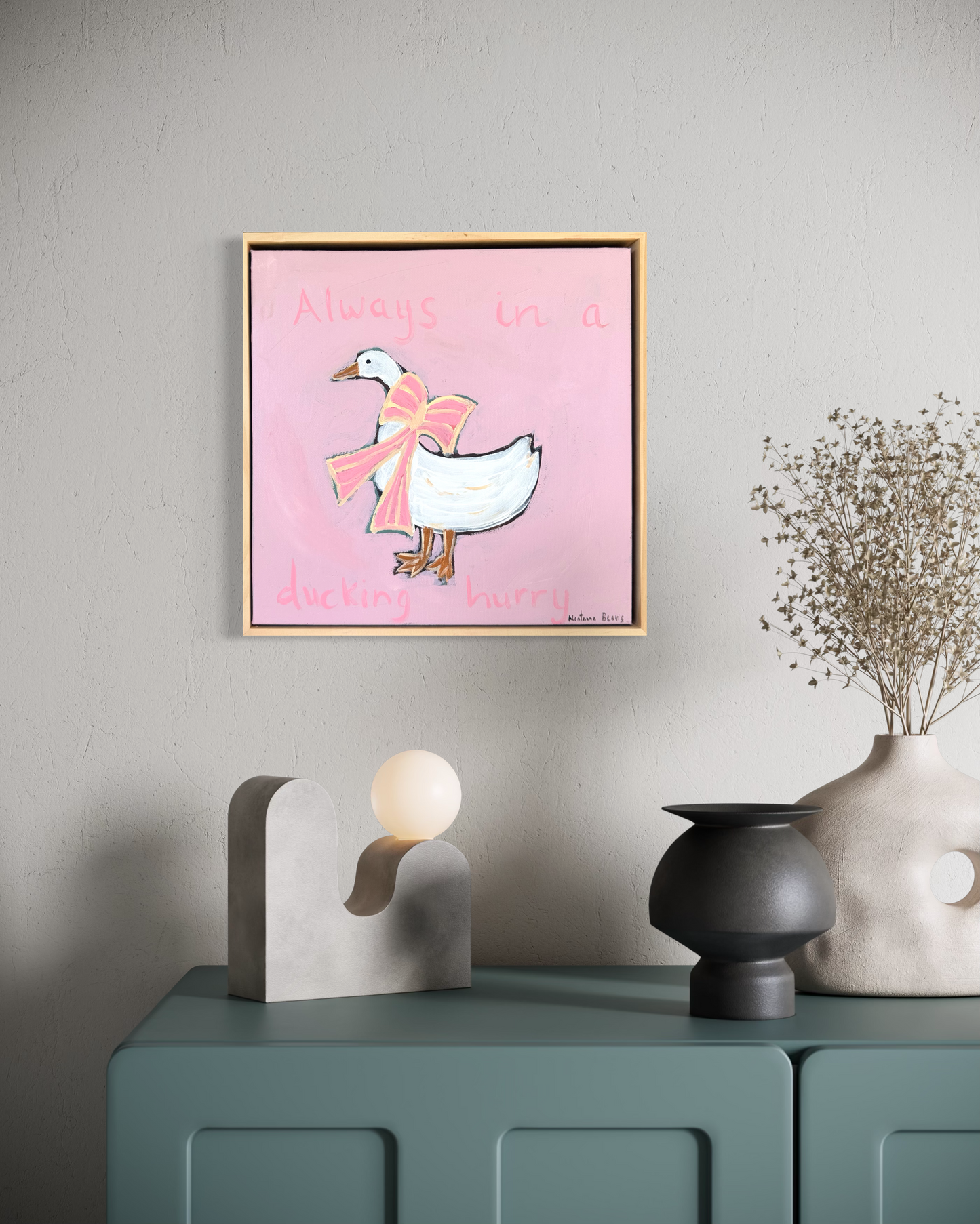 “Always in a ducking hurry” 30x30cm Acrylics on canvas, Framed in pine
