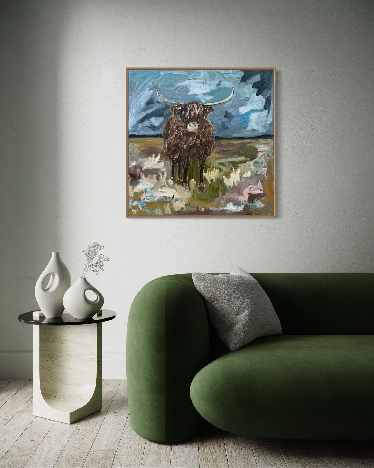 “The highland cow” Oils on canvas , 91x91 Framed in Tasmanian oak