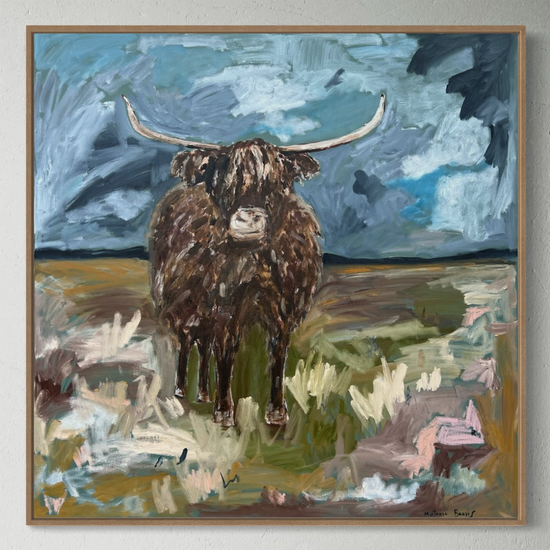 “The highland cow” Oils on canvas , 91x91 Framed in Tasmanian oak
