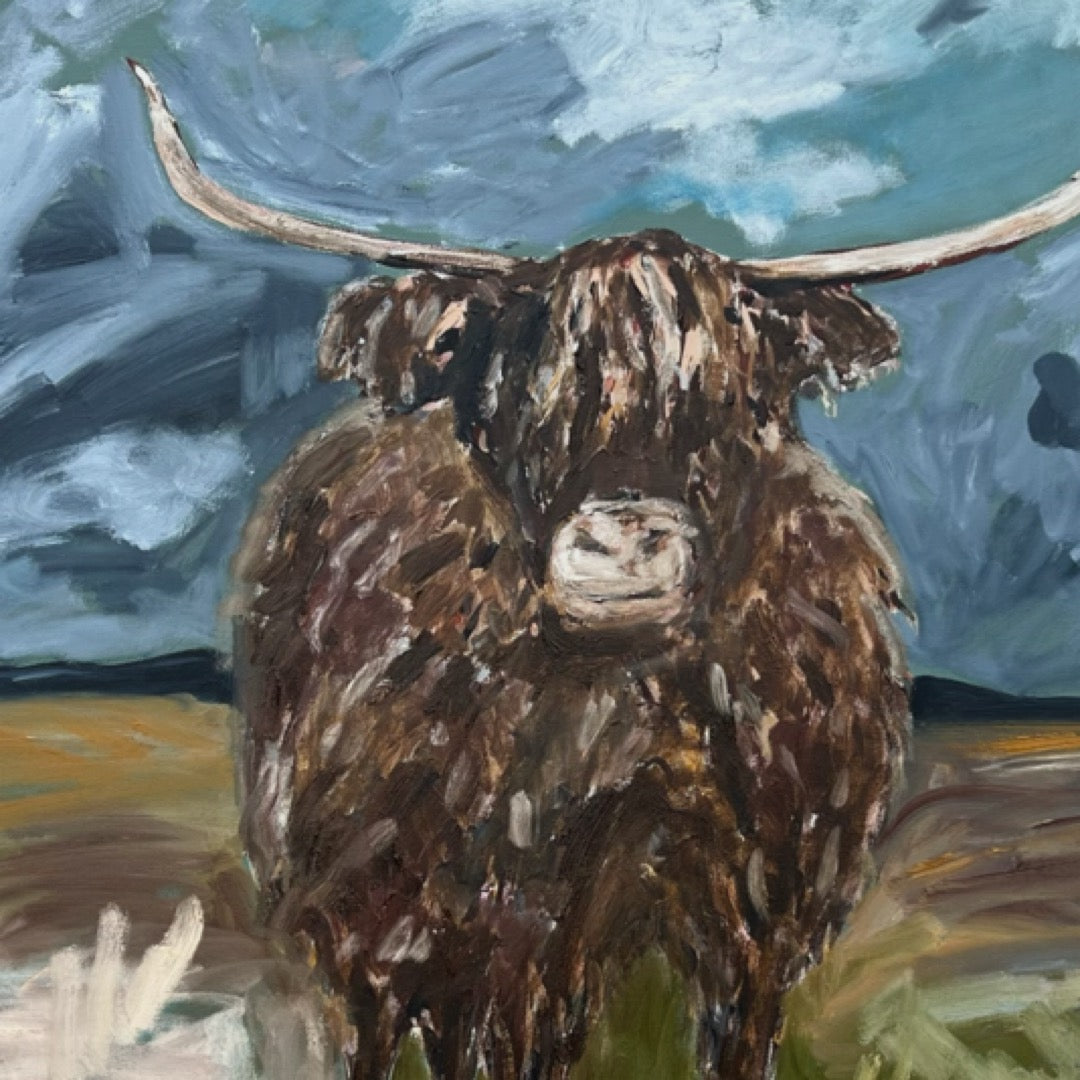 “The highland cow” Oils on canvas , 91x91 Framed in Tasmanian oak