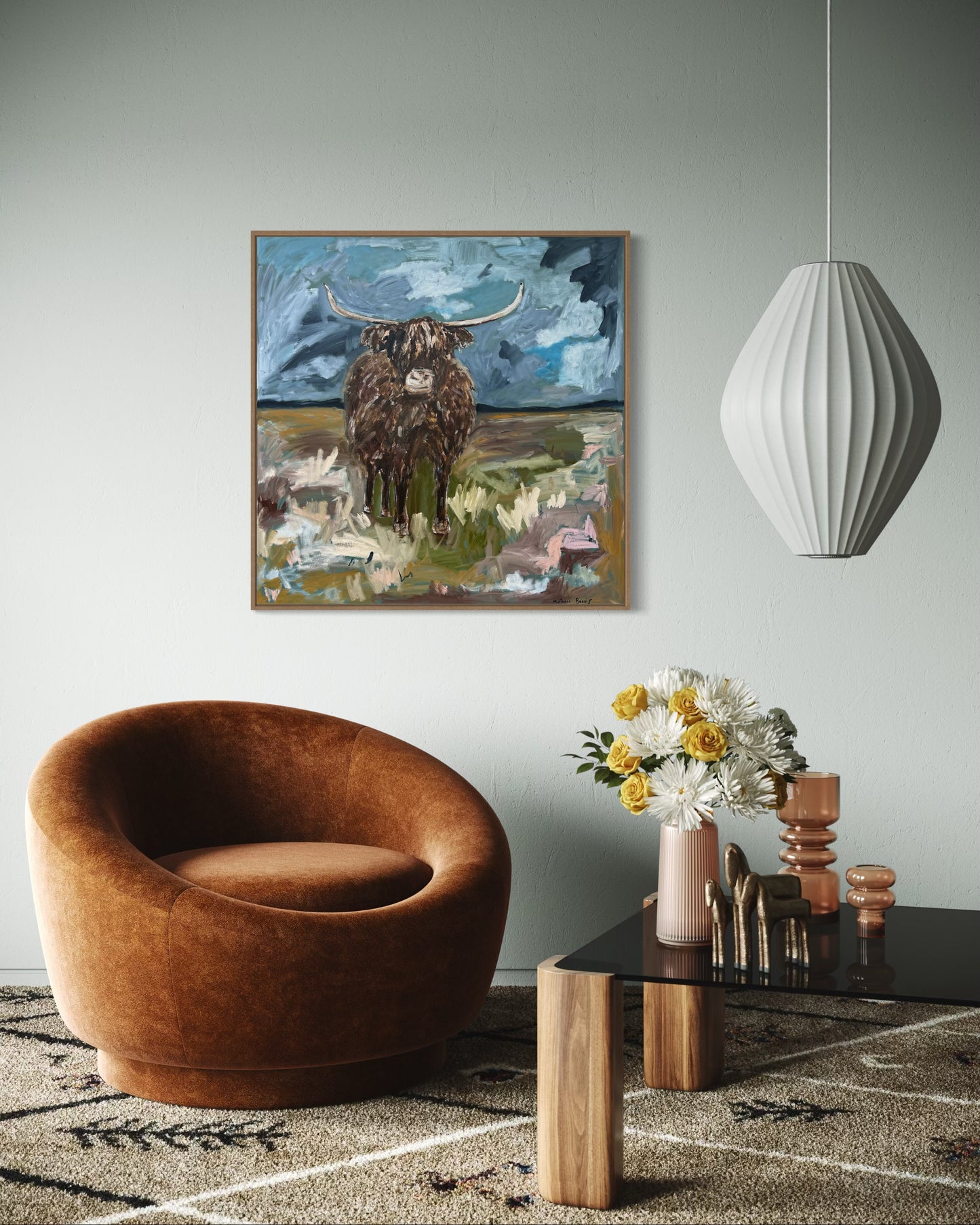 “The highland cow” Oils on canvas , 91x91 Framed in Tasmanian oak