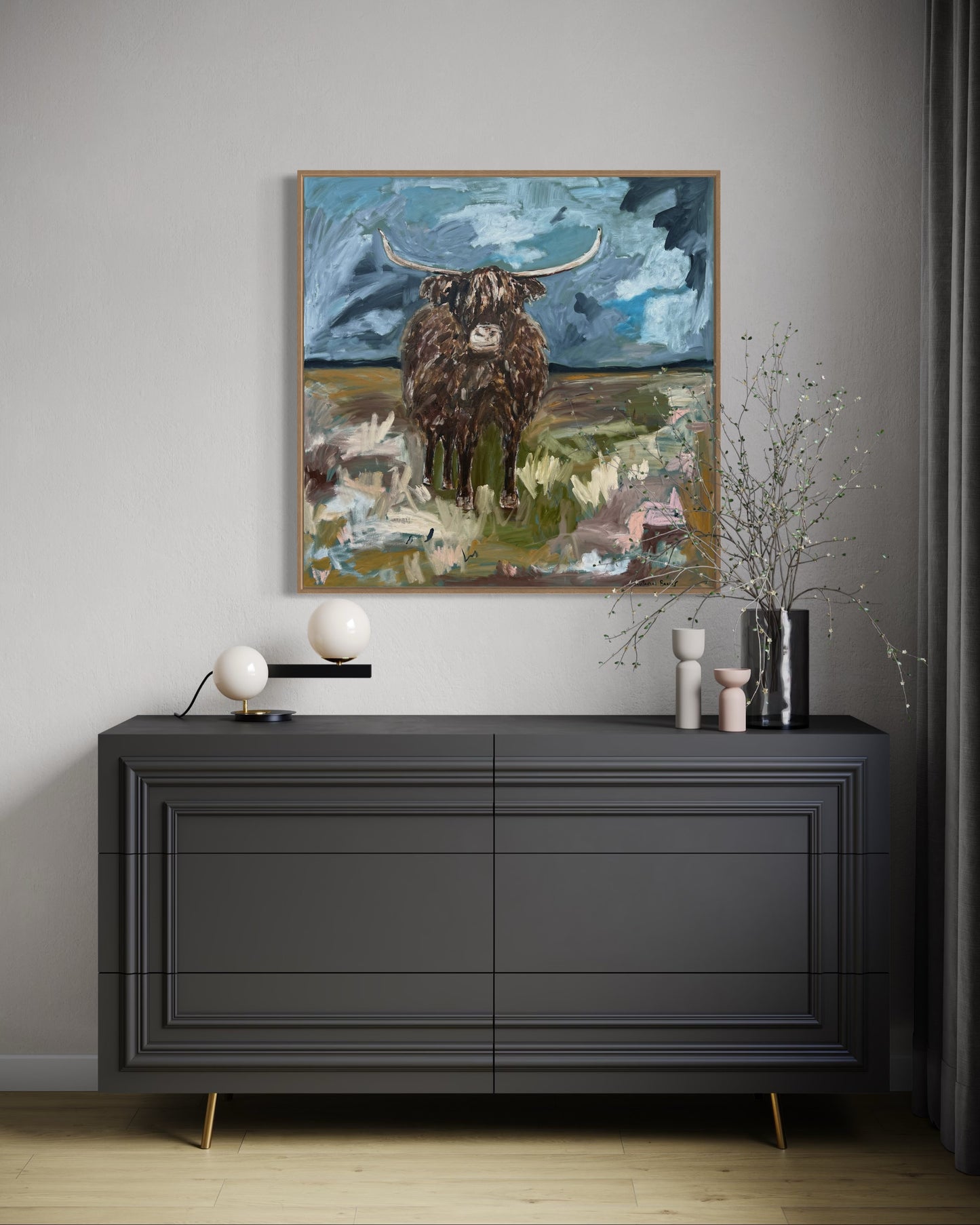 “The highland cow” Oils on canvas , 91x91 Framed in Tasmanian oak