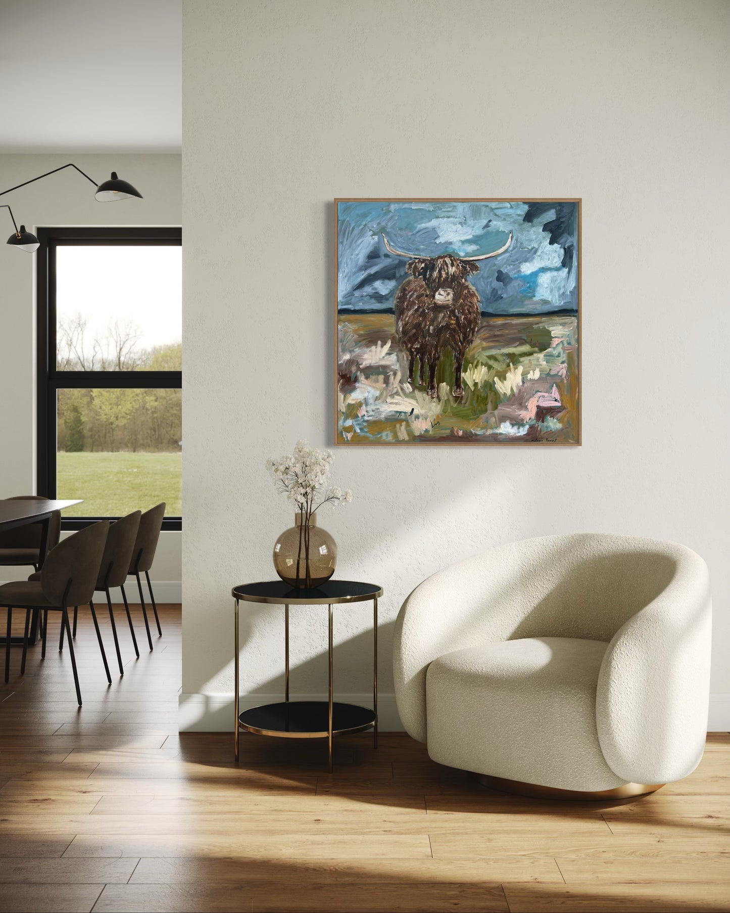 “The highland cow” Oils on canvas , 91x91 Framed in Tasmanian oak
