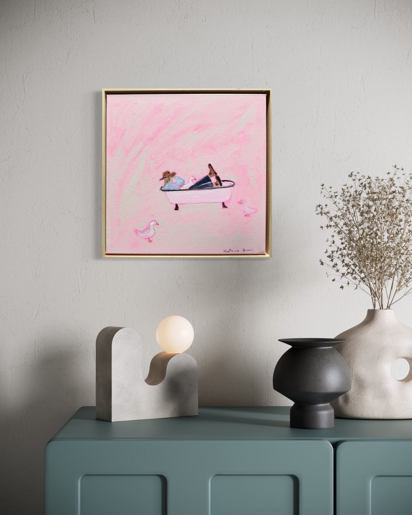 “Ducks in the bath” 30x30 Framed in pine