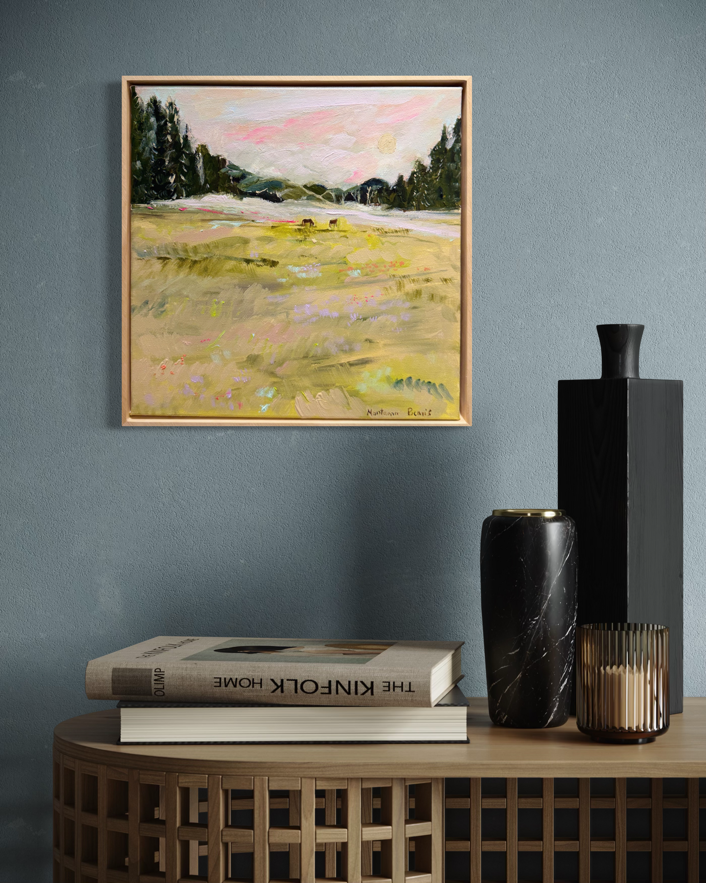 “Foggy morning in the paddock” 30x30cm Framed in pine