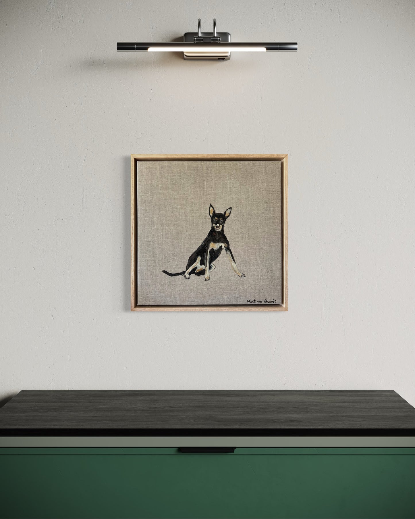 “kelpie” 30x30 Linen, Framed in Tasmanian oak