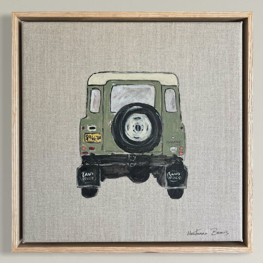 “Defender 110 in green” 30x30 Framed in Tasmanian oak