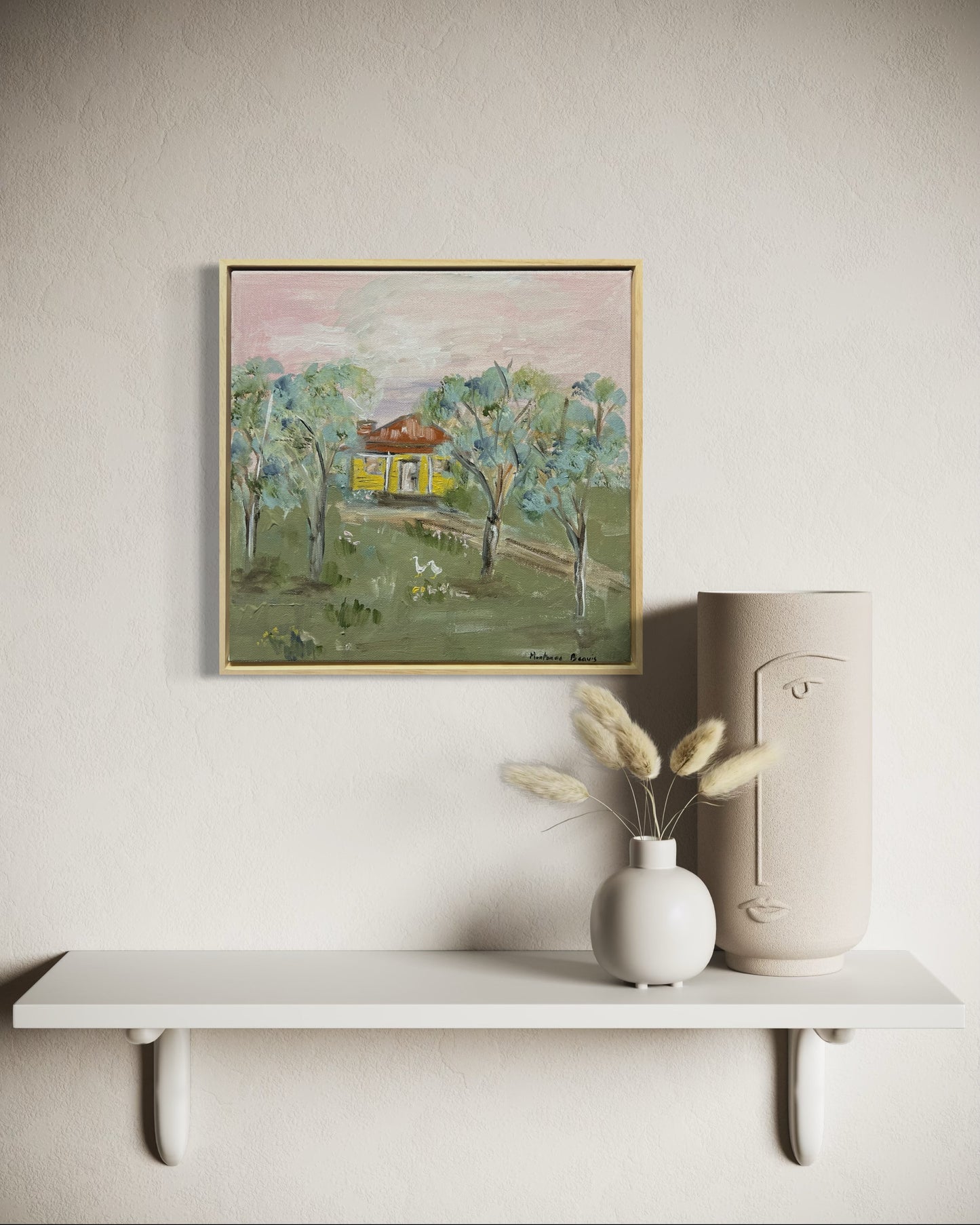 “The country cottage with ducks” 30x30 Framed in pine