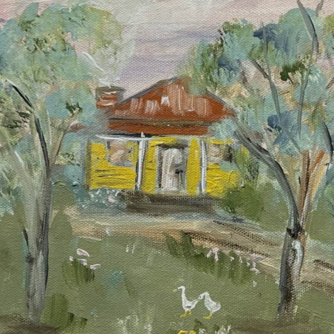 “The country cottage with ducks” 30x30 Framed in pine