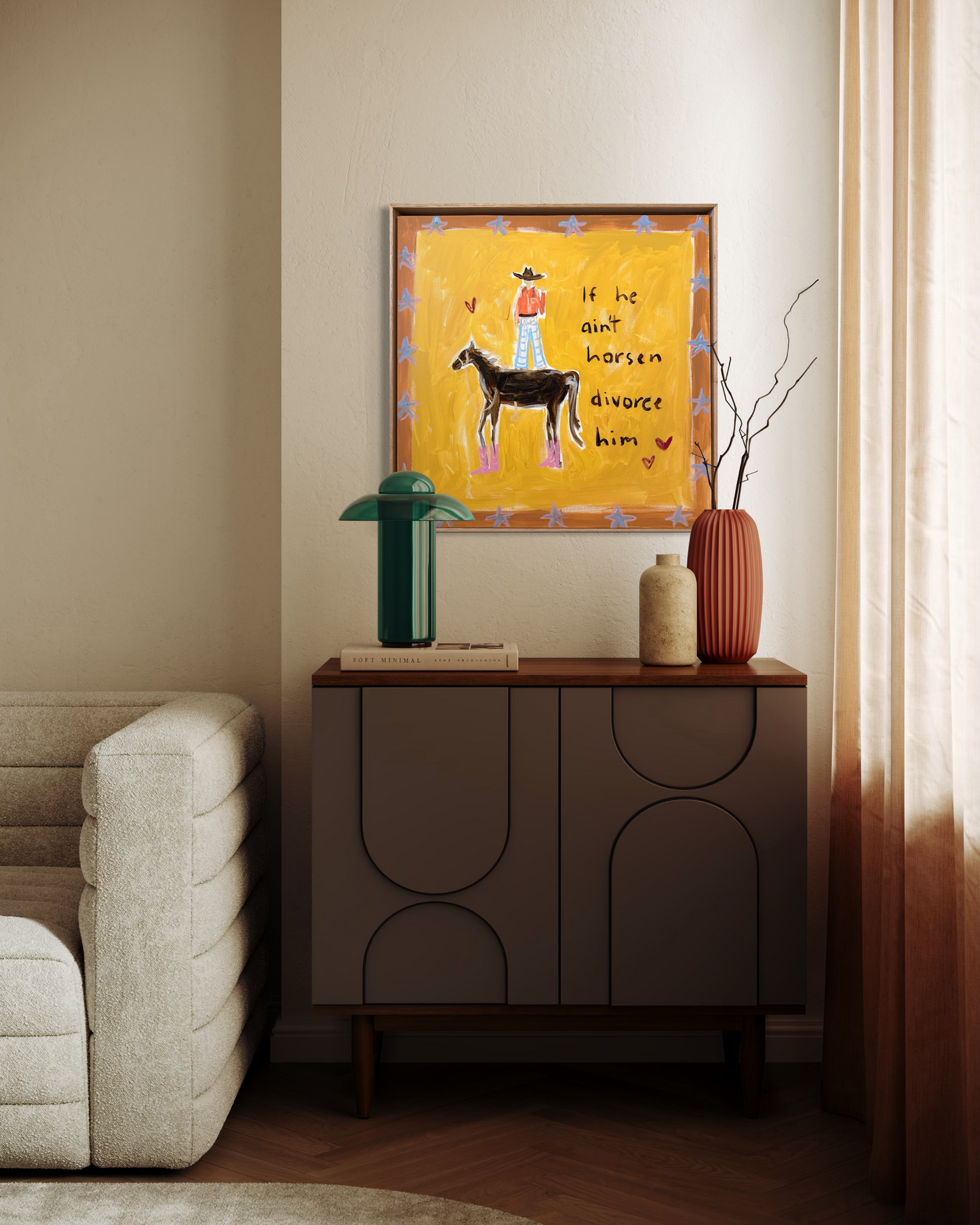 “If he ain’t horsen divorce him” 60x60cm Framed in Tasmanian oak