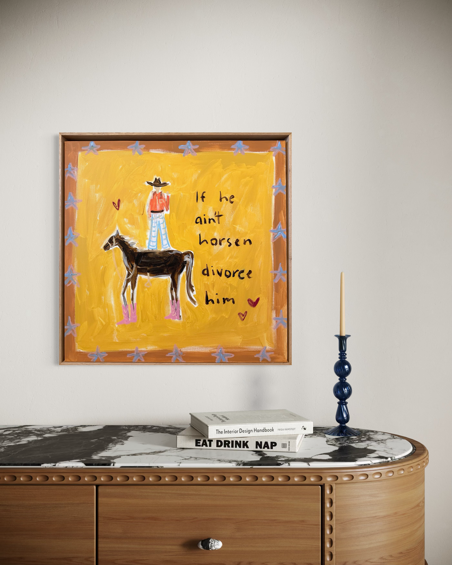 “If he ain’t horsen divorce him” 60x60cm Framed in Tasmanian oak