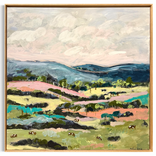 “The cows are enjoying the grass” 76x76cm Framed in Tasmanian oak