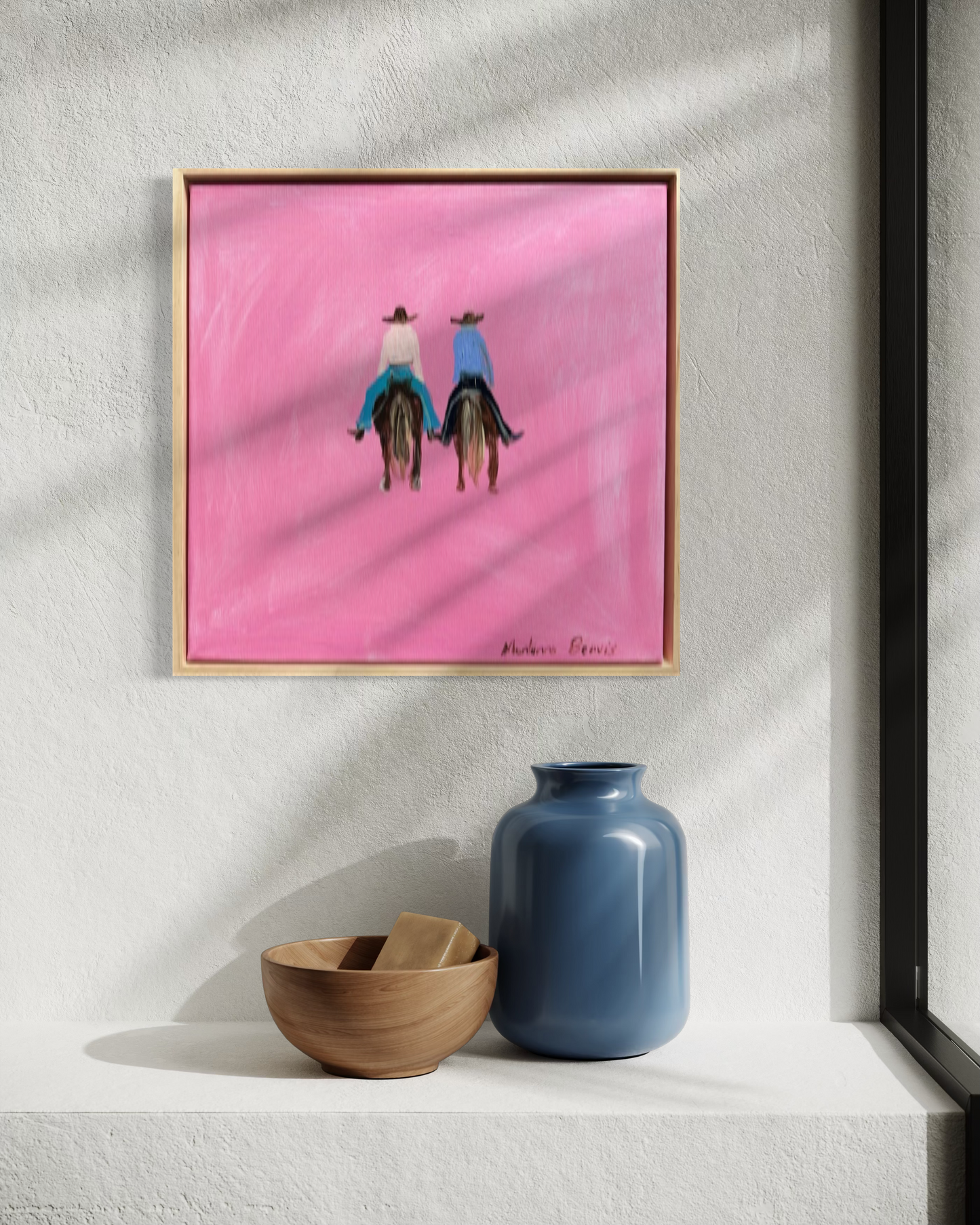 “Two cowboys” 30x30 Framed in pine