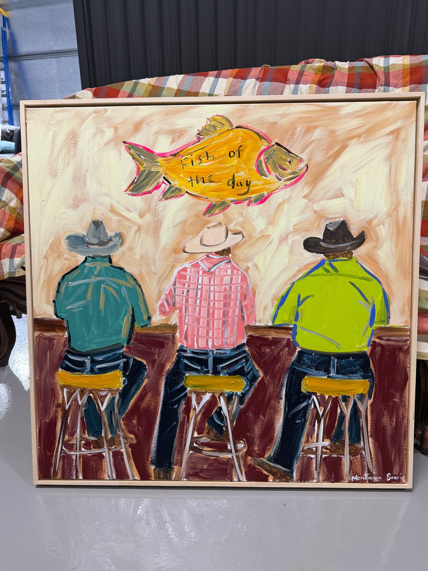 “Here for the beers and fish of the day” 76x76cm Framed in pine