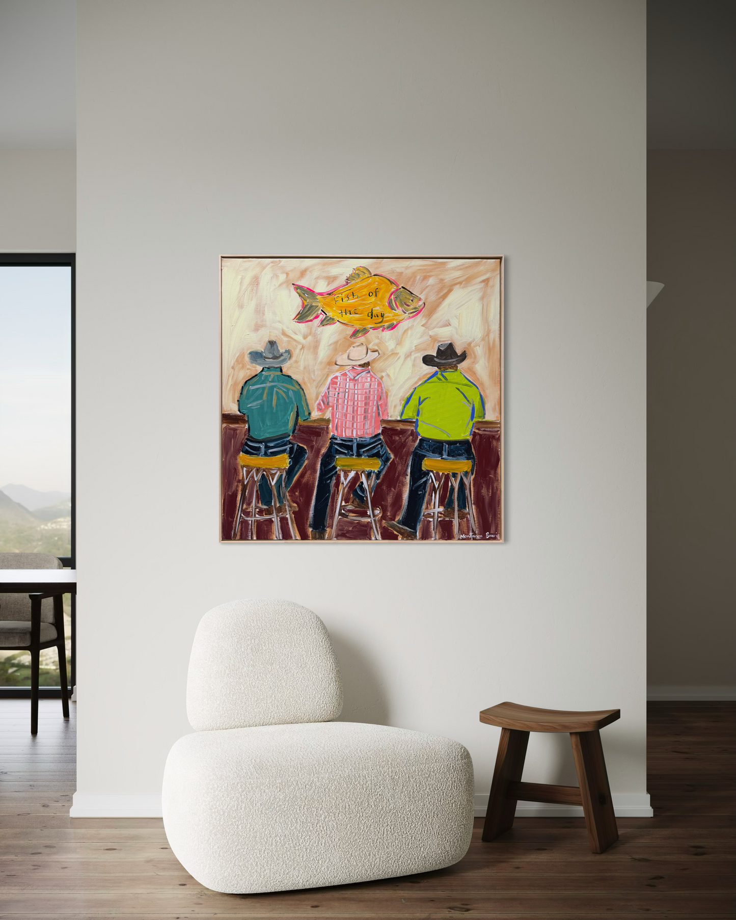 “Here for the beers and fish of the day” 76x76cm Framed in pine