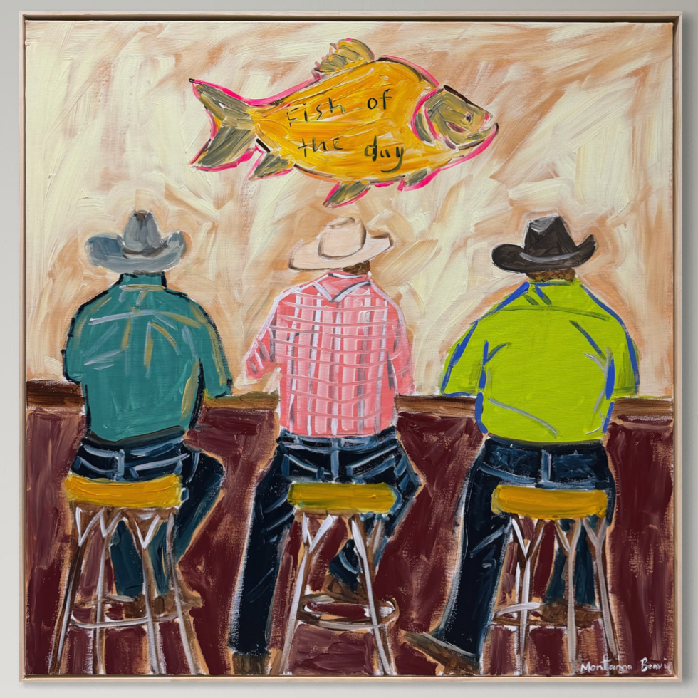 “Here for the beers and fish of the day” 76x76cm Framed in pine