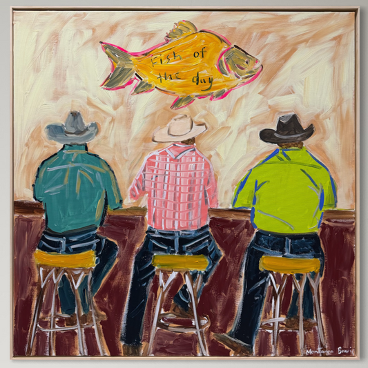 “Here for the beers and fish of the day” 76x76cm Framed in pine