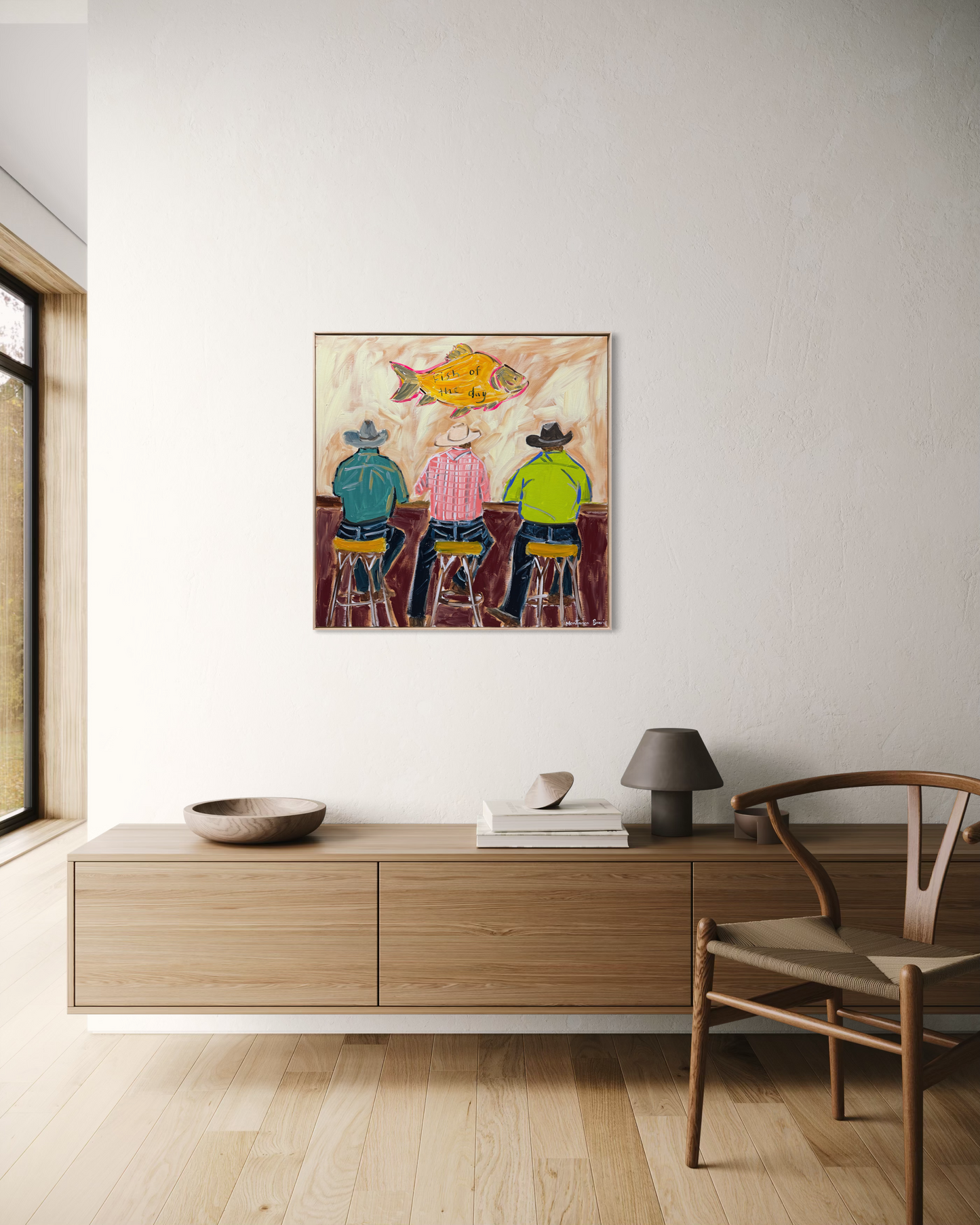 “Here for the beers and fish of the day” 76x76cm Framed in pine
