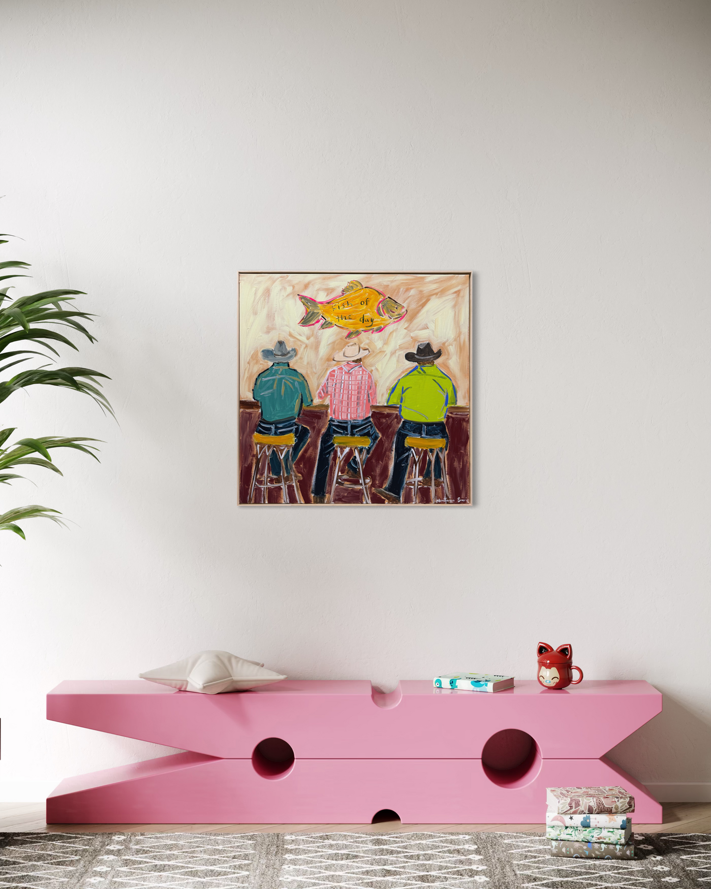 “Here for the beers and fish of the day” 76x76cm Framed in pine
