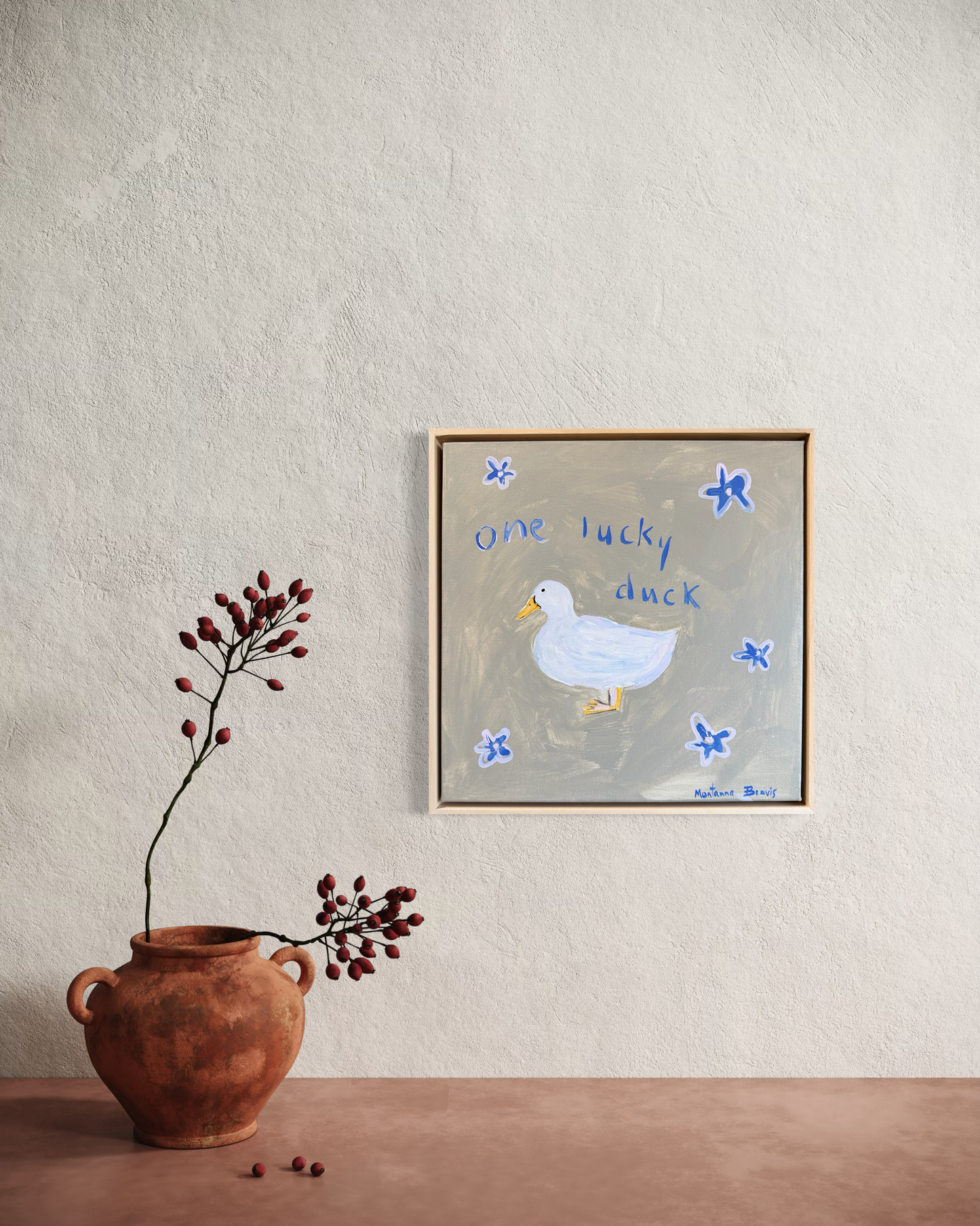 “One lucky duck” 30x30 Framed in pine