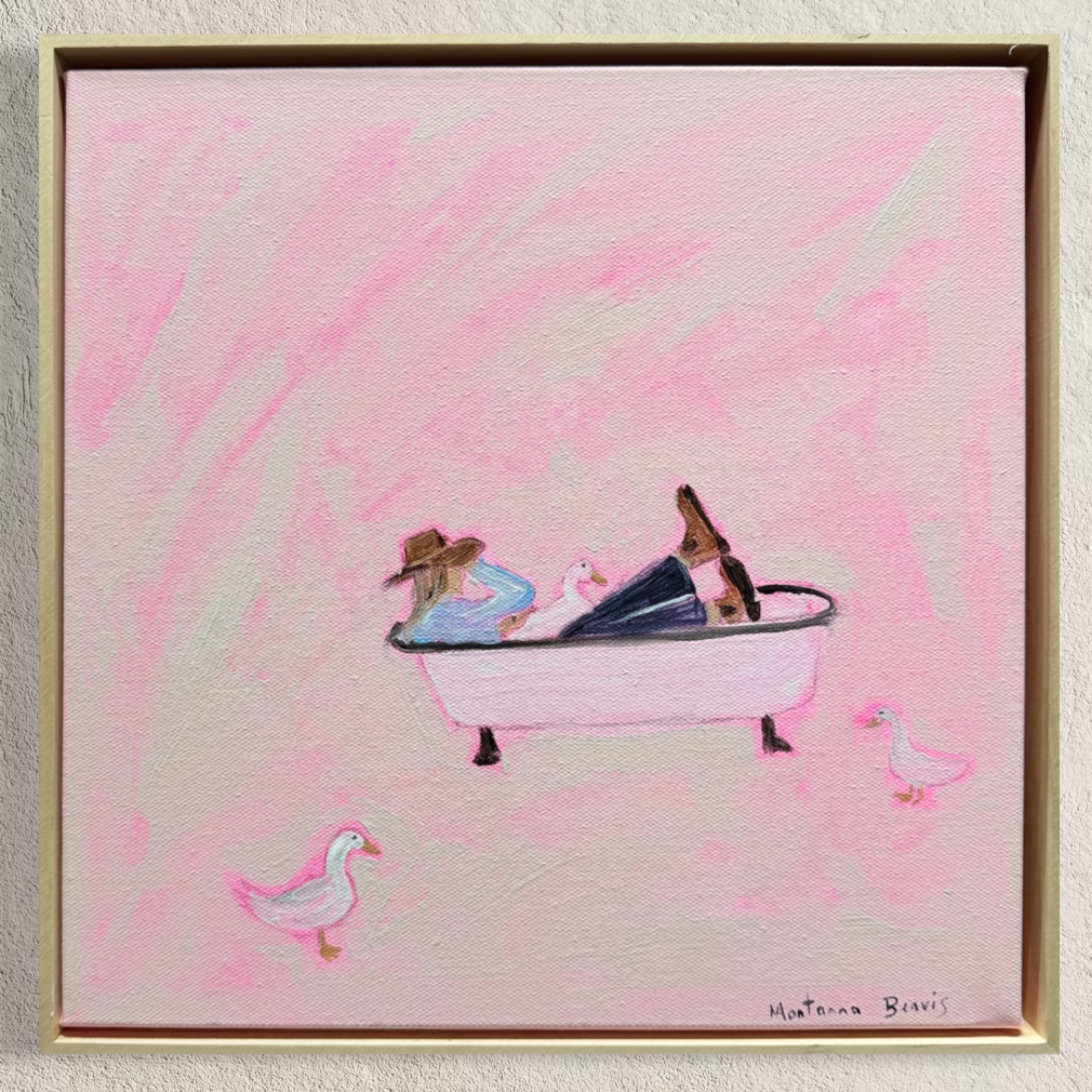 “Ducks in the bath” 30x30 Framed in pine