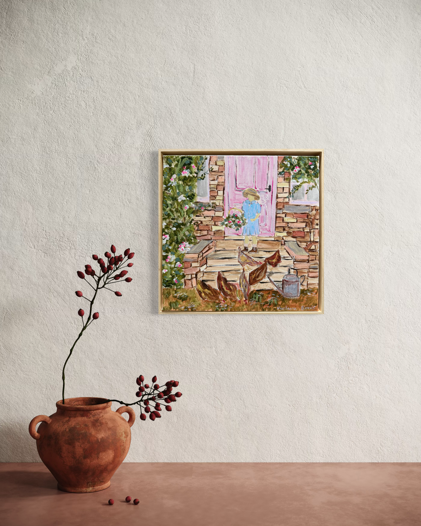 “Picking flowers with the chickens” 30x30 Framed in pine