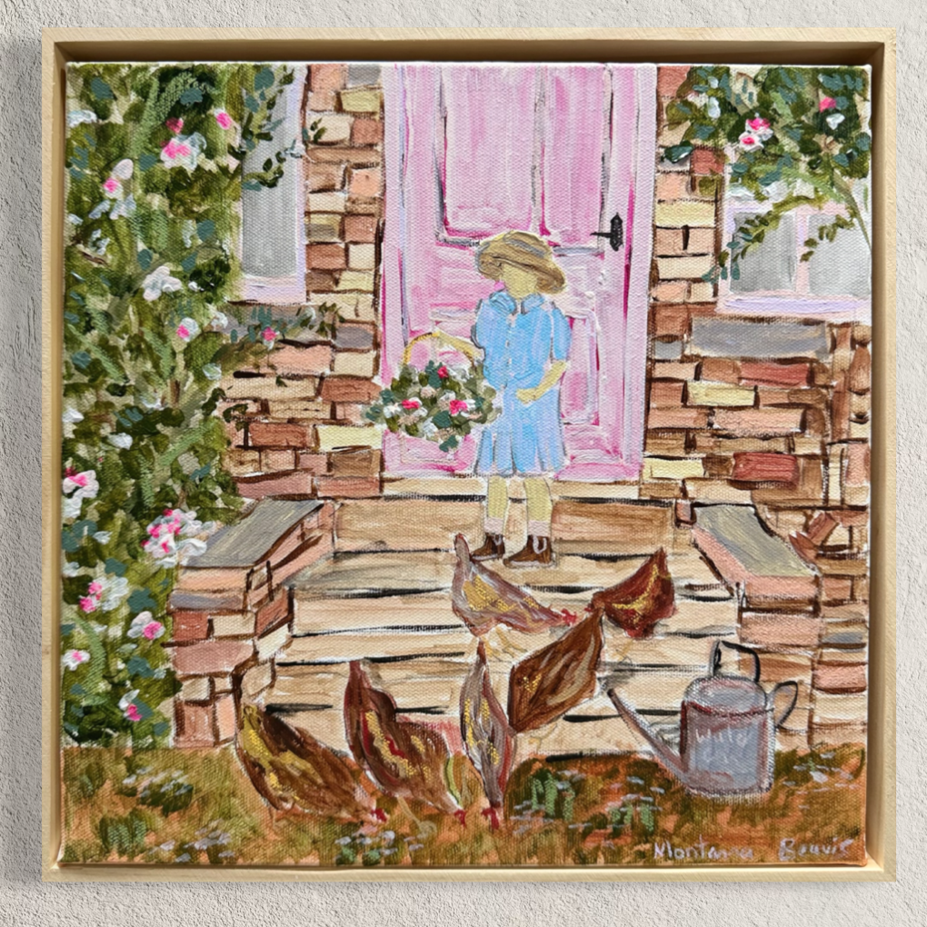 “Picking flowers with the chickens” 30x30 Framed in pine