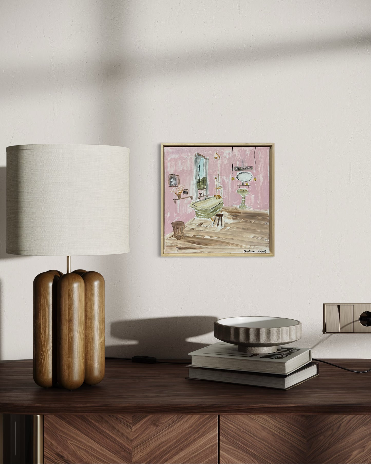 “The pink cottage bathroom” 30x30 Framed in pine