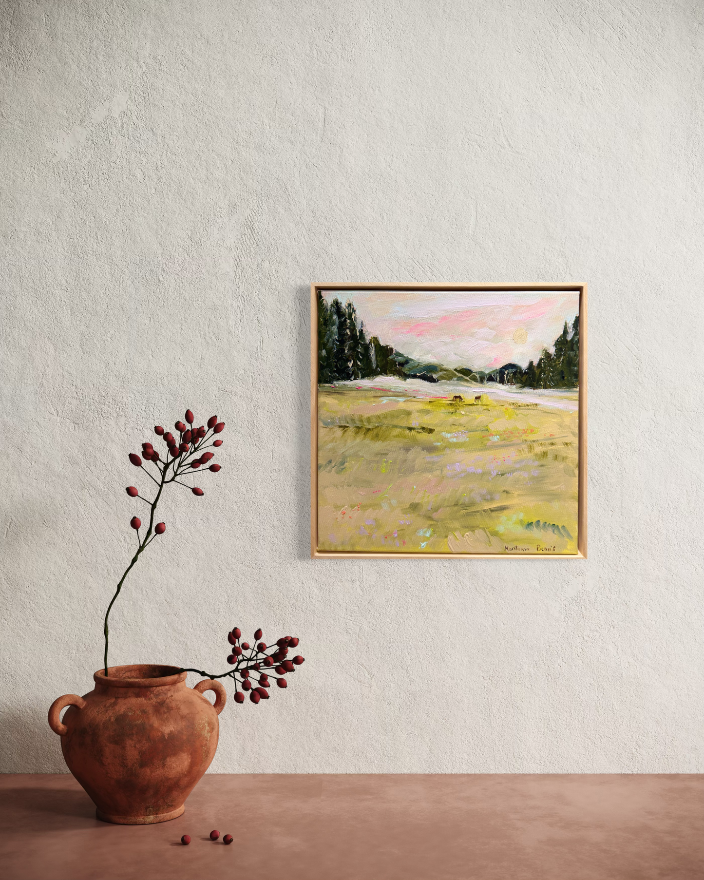 “Foggy morning in the paddock” 30x30cm Framed in pine